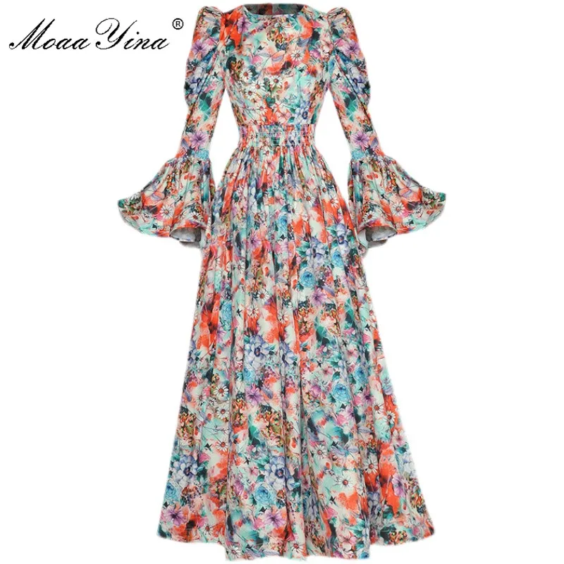 MoaaYina Fashion Designer dress Spring Women's Flare Sleeve Elastic waist Floral Print Ball Gown Maxi Dresses