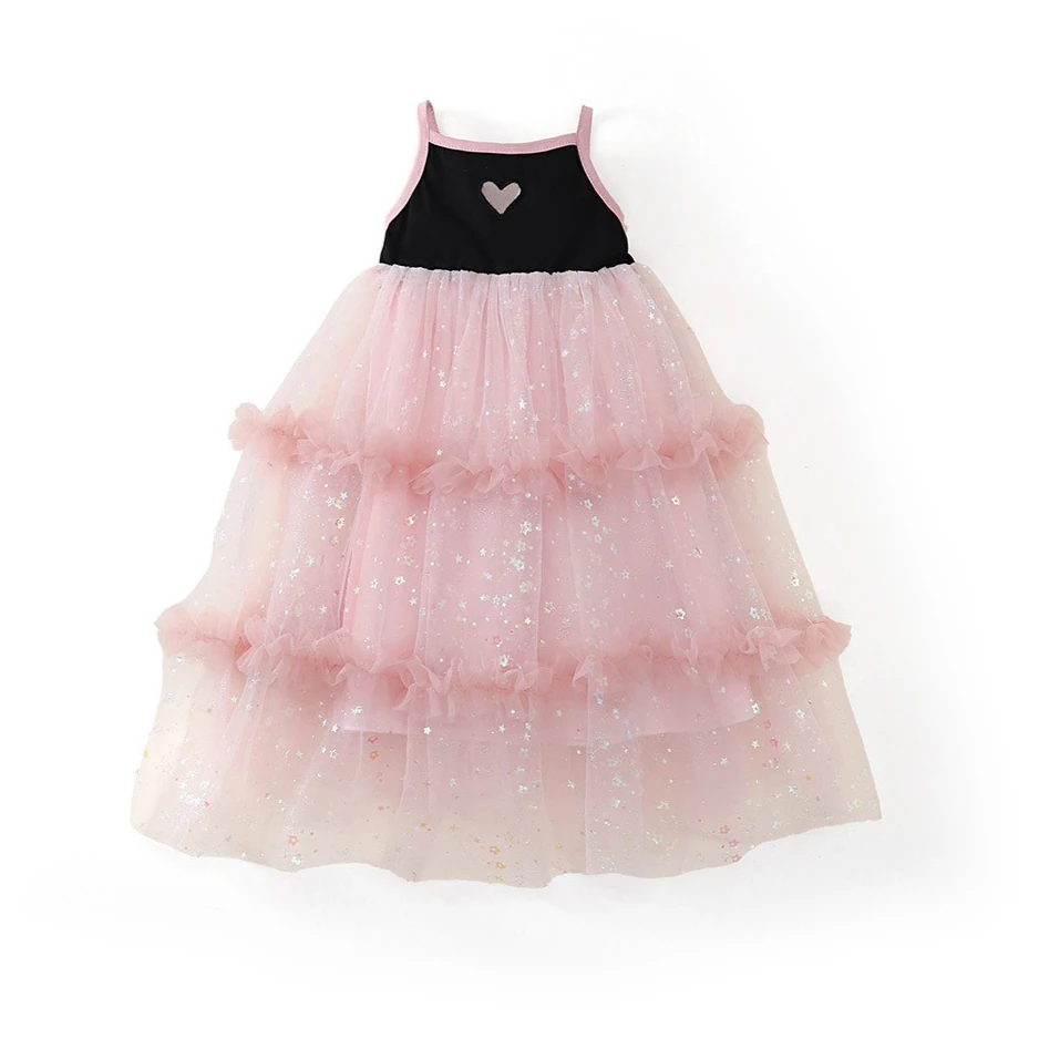 Girls Mesh See Through Dress 2026 Summer New Baby Kids Love Heart Backless Sleeveless Vestido Girls Clothes