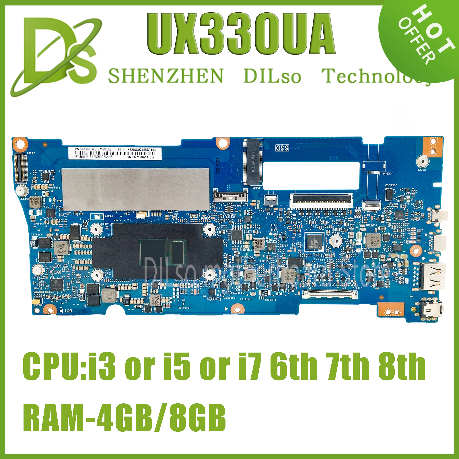 

KEFU UX330UAK For ASUS Zenbook UX330UA UX330UAR UX330U U3000U Motherboard W/I3 I5 I7/6th 7th 8th Gen 4GB/8GB-RAM 100% Test