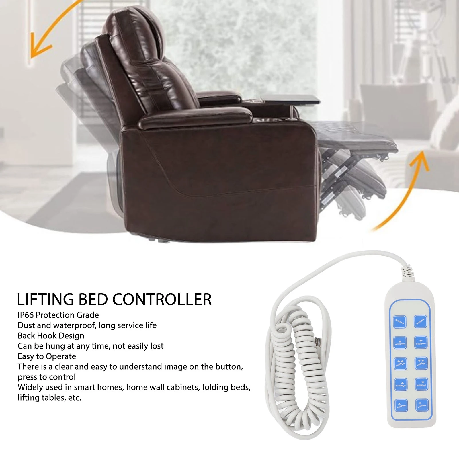Lift Chair Hand Controller Drop Resistant Multi Purpose Control Handset IP66 8 Pin Plug Hard Wearing with Hook for  Table