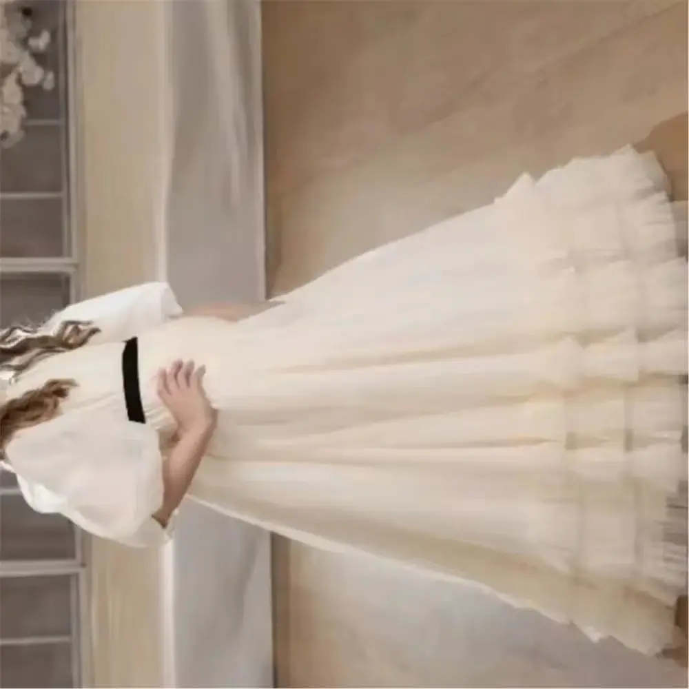 

Elegant Custom Flower Girl Dress for Wedding Half Sleeve Tulle Floor Lenght Tulle Kids Birthday Party First Communion Gowns