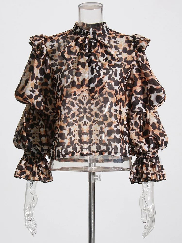Sheer Mesh Shirts For Women Stand Collar Long Sleeve Patchwork Bow Leopard Pullover Blouses Female Fashion Clothing Style