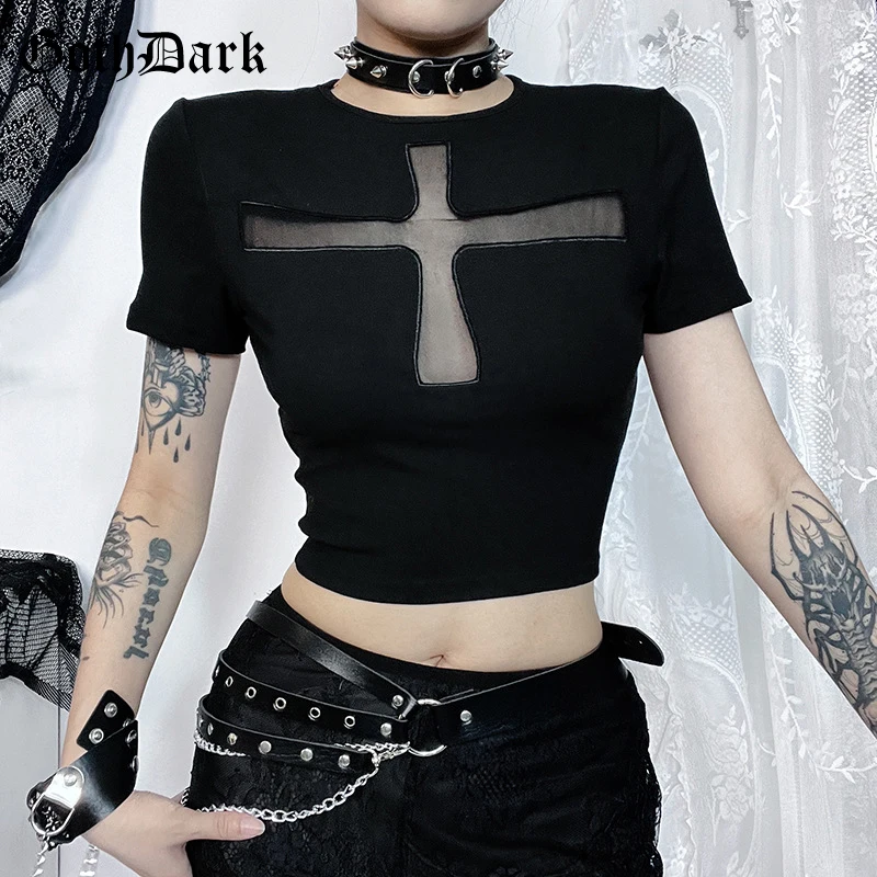 

Goth Dark Fashion Streetwear Blouse Sexy Cross Hollow Out Short Sleeve T-Shirt Gothic Punk O-Neck Crop Tops Alt Aesthetic Cloth