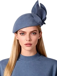 Women's Haze Blue FS Wool Felt Beret with Big Flower Formal Occasion Fedoras Fascinator Retro Dress Cap for Ladies