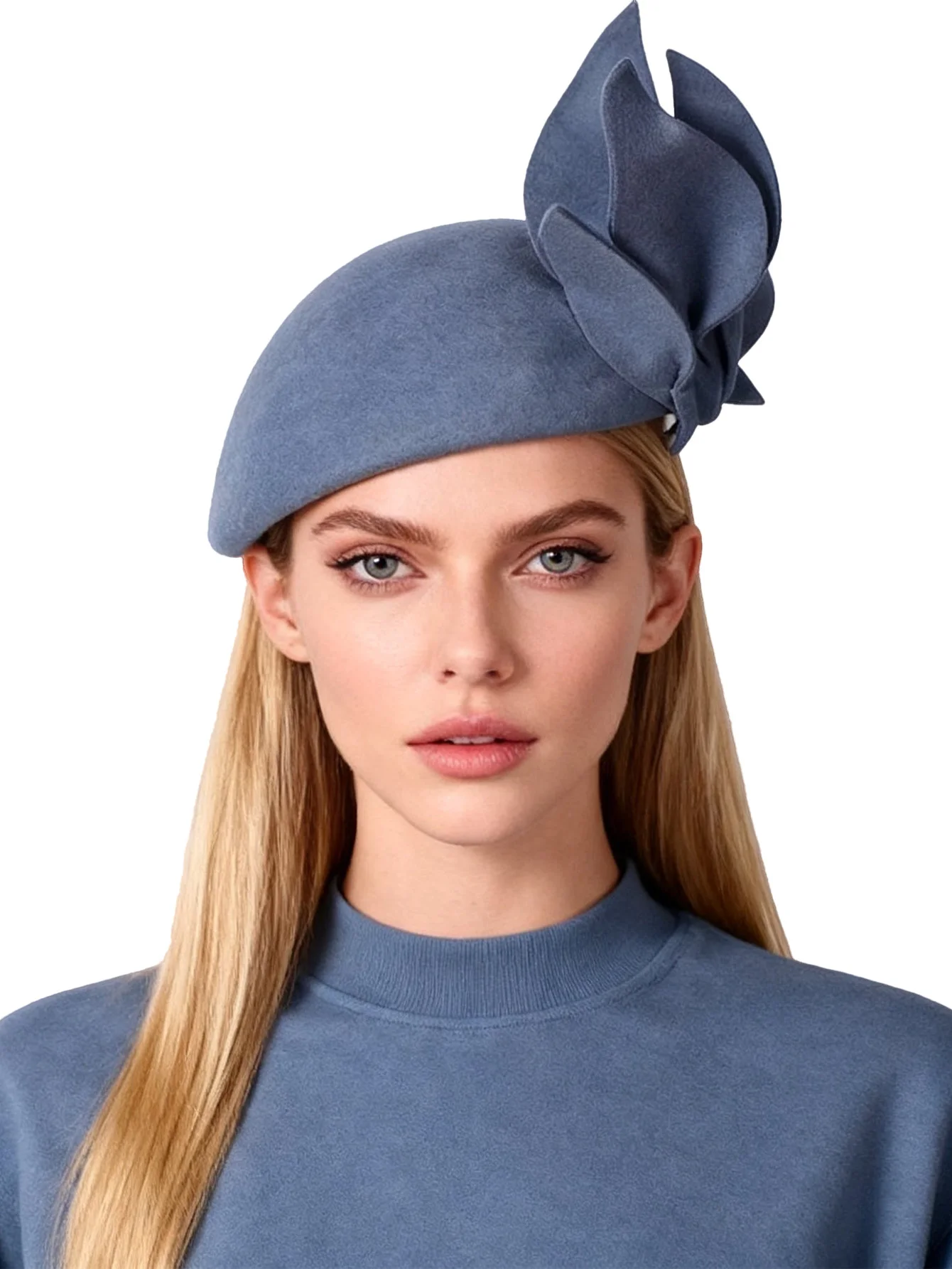 Damski beret z wełny filcowej w kolorze niebieskim Haze Blue FS z dużym kwiatem, elegancki kapelusz fedora, fascynator, retro czapka do sukienki dla pań.