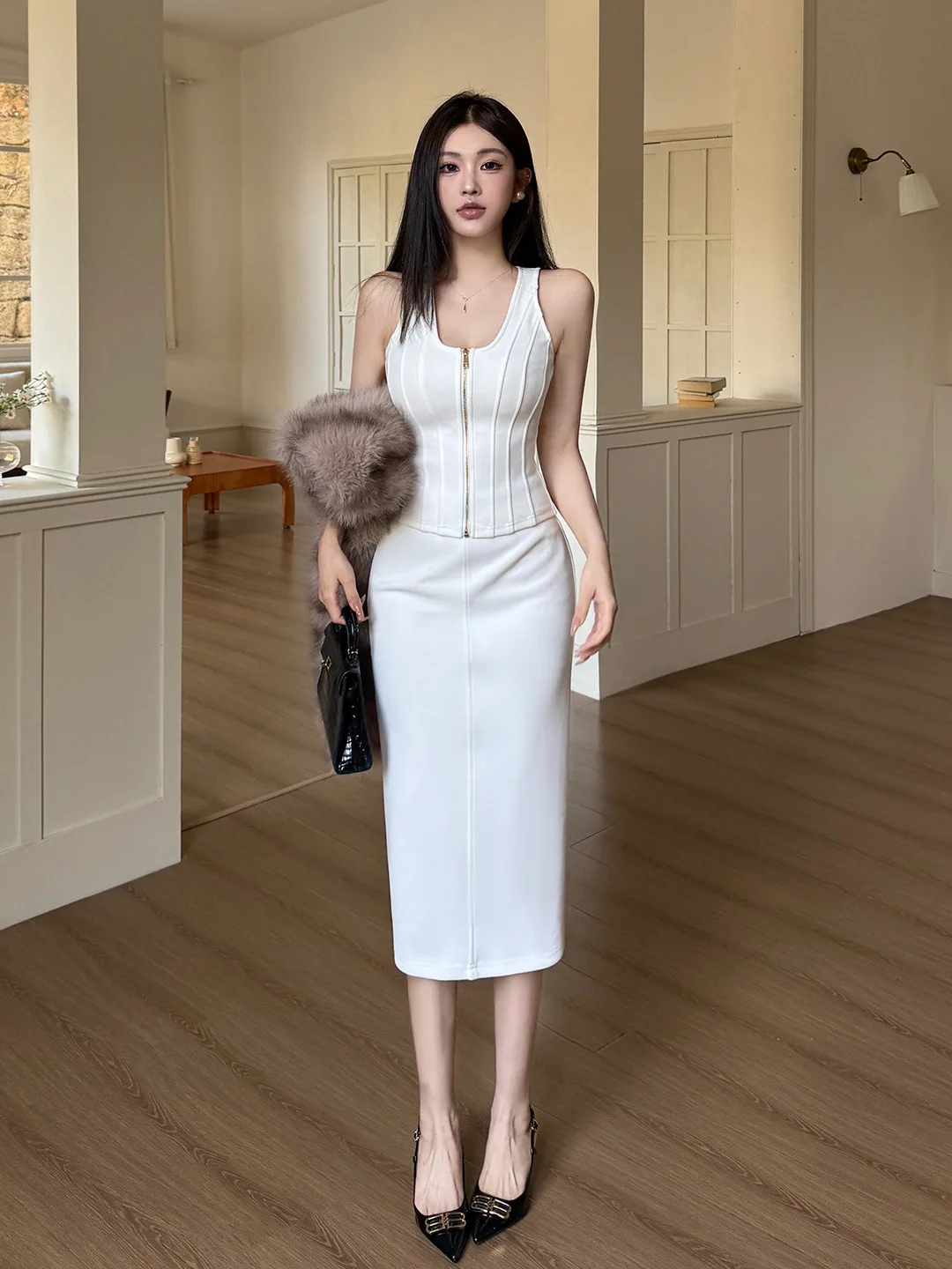 French Small Fragrance White Skirt 2 Piece Set Women Sleeveless Tank Top High Waist Back Slit Bodycon Skirt Office Commute Suits