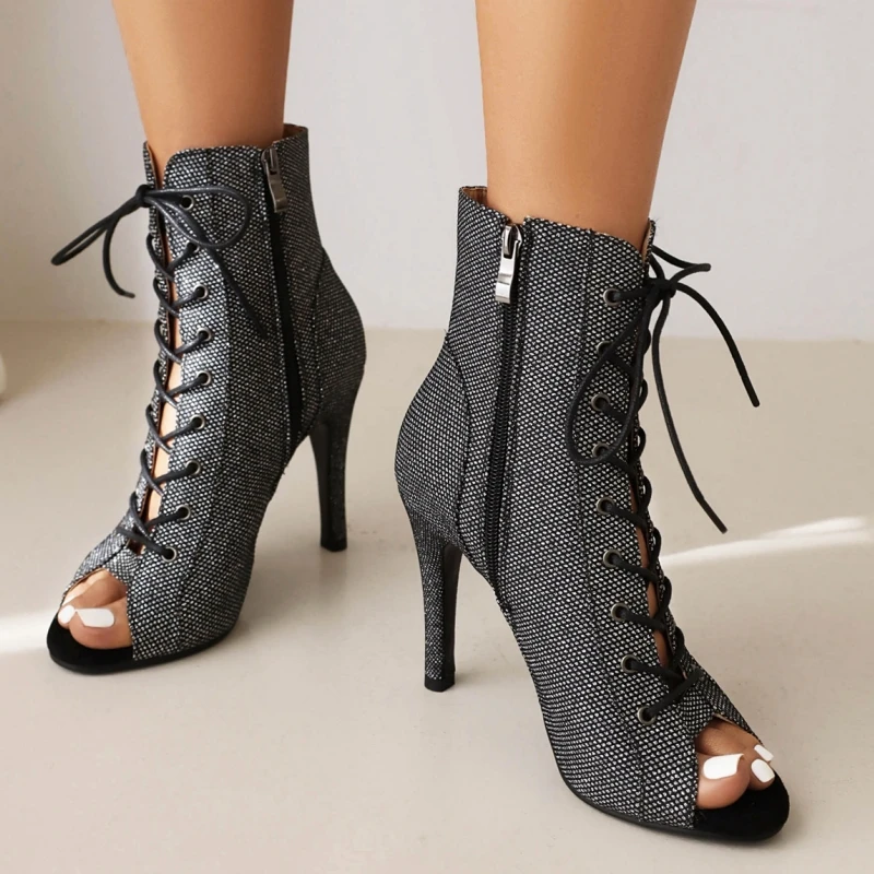 Peep Toe Short Boots Ladies Sexy Summer Shoes Leopard Party Dance Shoes Lace-up High Heel Ankle Boots For Women Large Size 45 - view 5