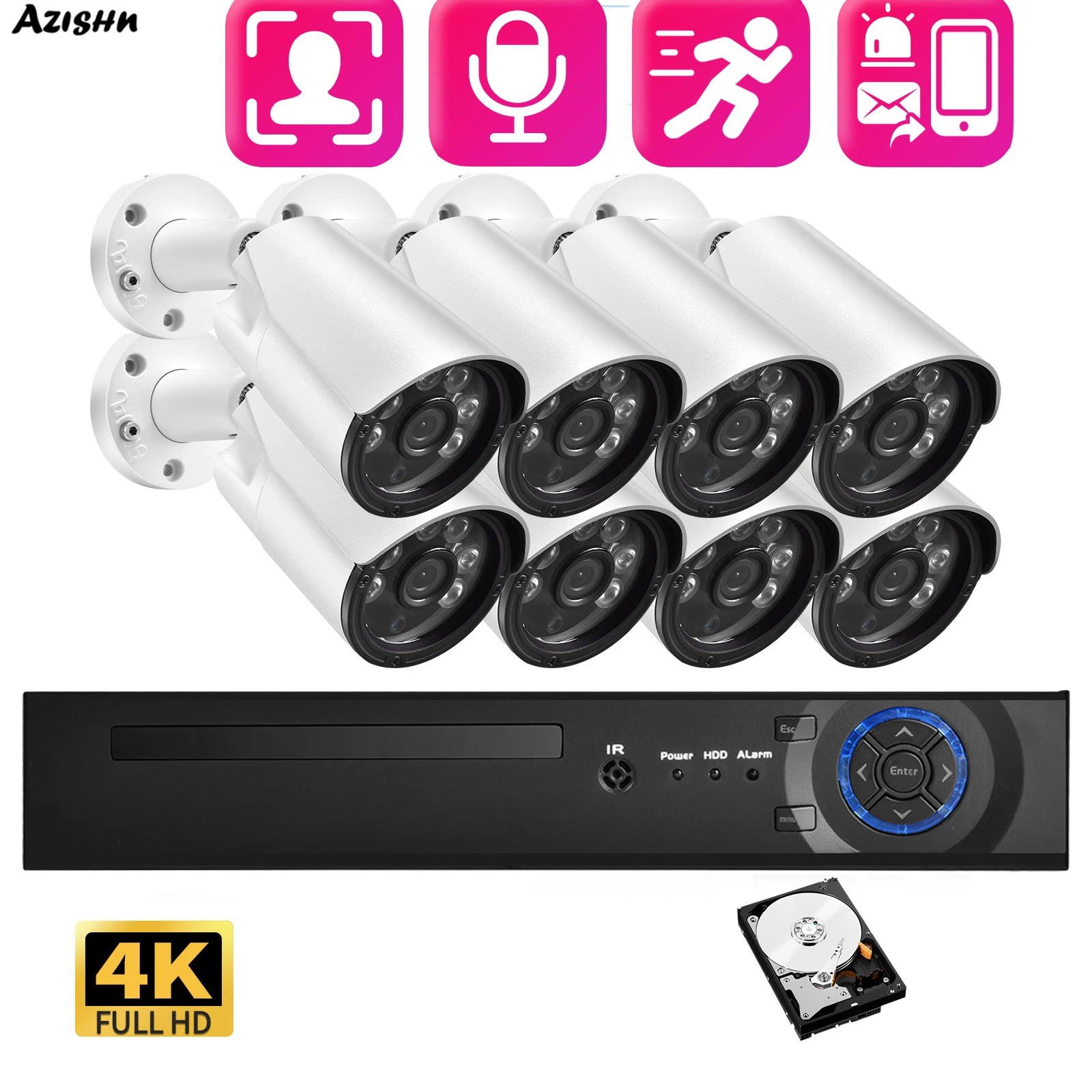 

AZISHN Outdoor Night Vision Face HD 4K 8MP POE NVR Audio Video Surveillance Kit