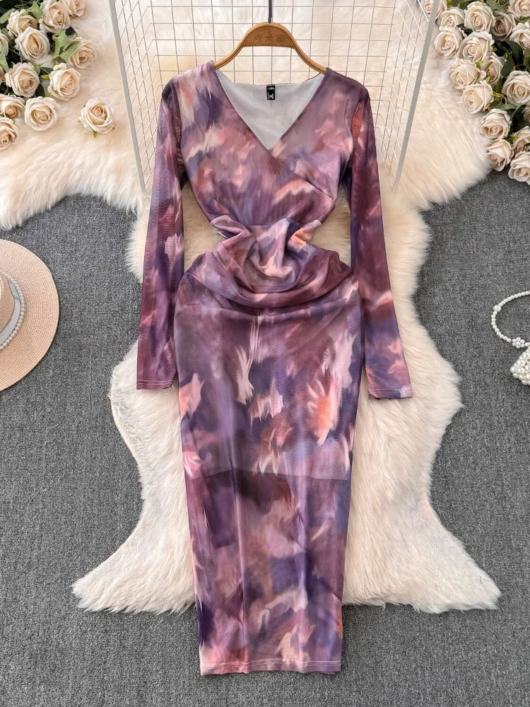 2024 New Summer Women Print Maxi Slim Long Dress V Neck Full Sleeve Bodycon Trendy Vintage  Attirewear Mesh Dress