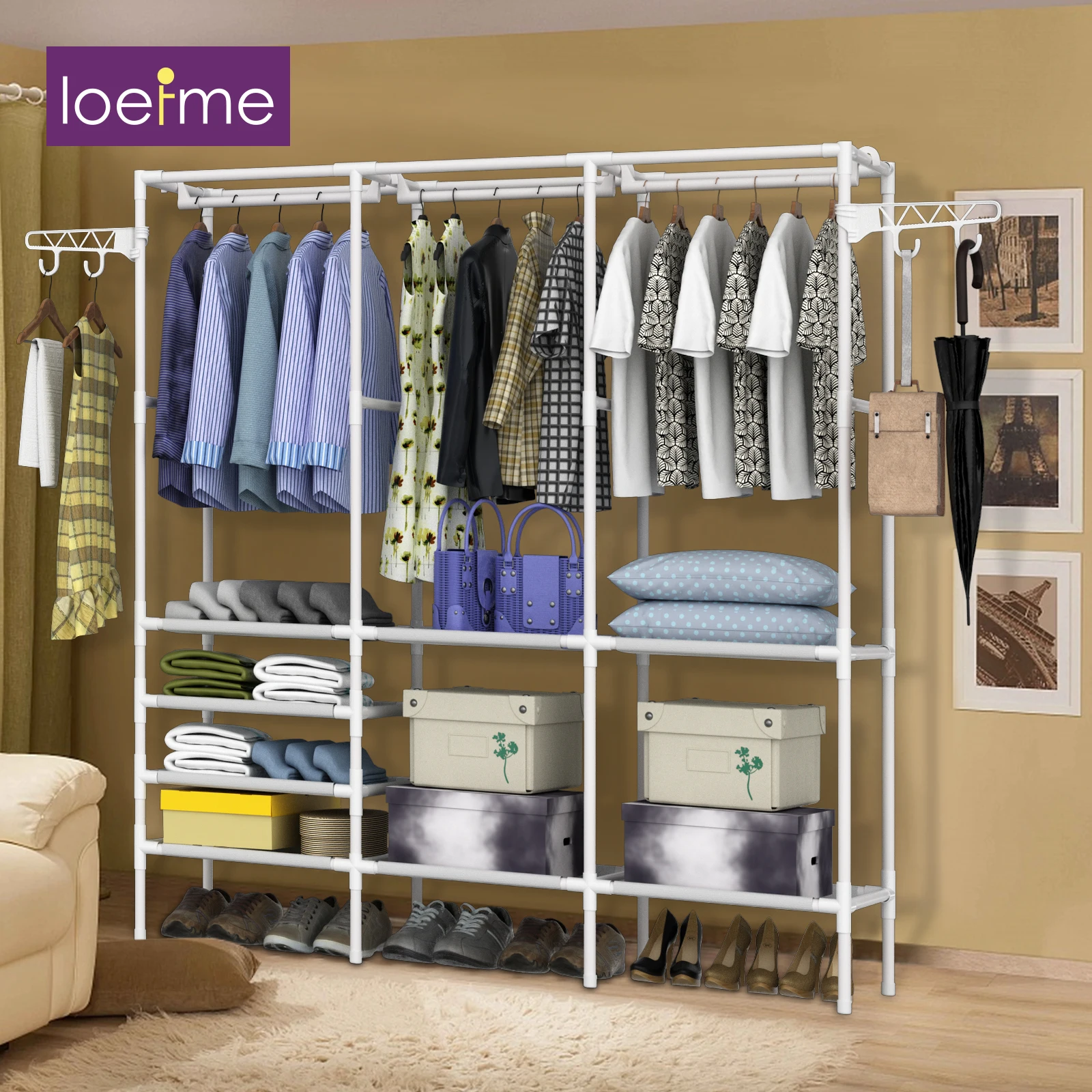 Heavy Duty Triple Clothes Rail Garment Hanging Rack With Shelf Display Stand 173cm Triple Metallic Material White