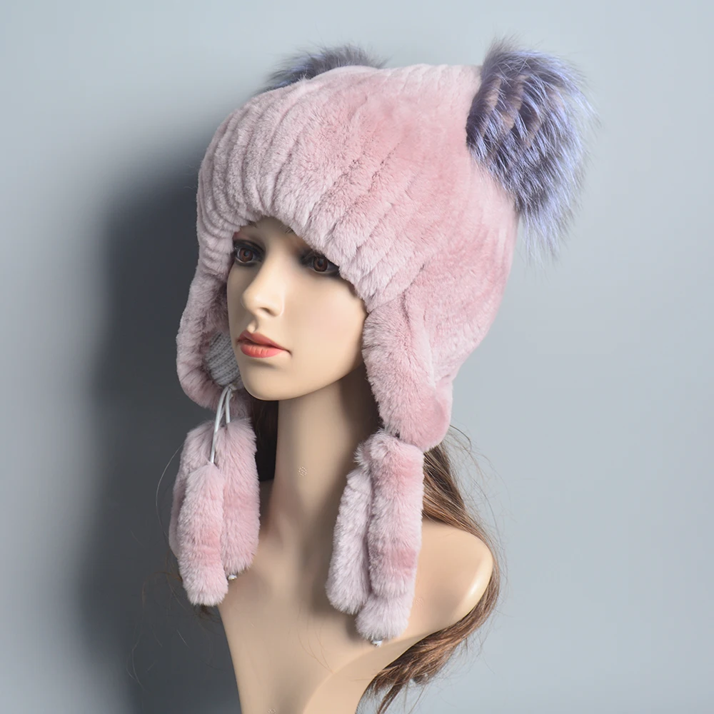 100% Real Fur Hat for Women Natural Rex Rabbit Fur Russian Ushanka Hats Winter Thick Warm Ears Fashion Bomber Cap Girls Fur Hat