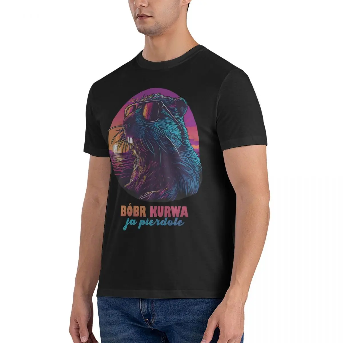 Leisure Synthwave Polish Beaver Meme Ja Pierdole  Men Round Collar Pure Cotton T Shirts Bobr Kurwa Short Sleeve Printing Clothes