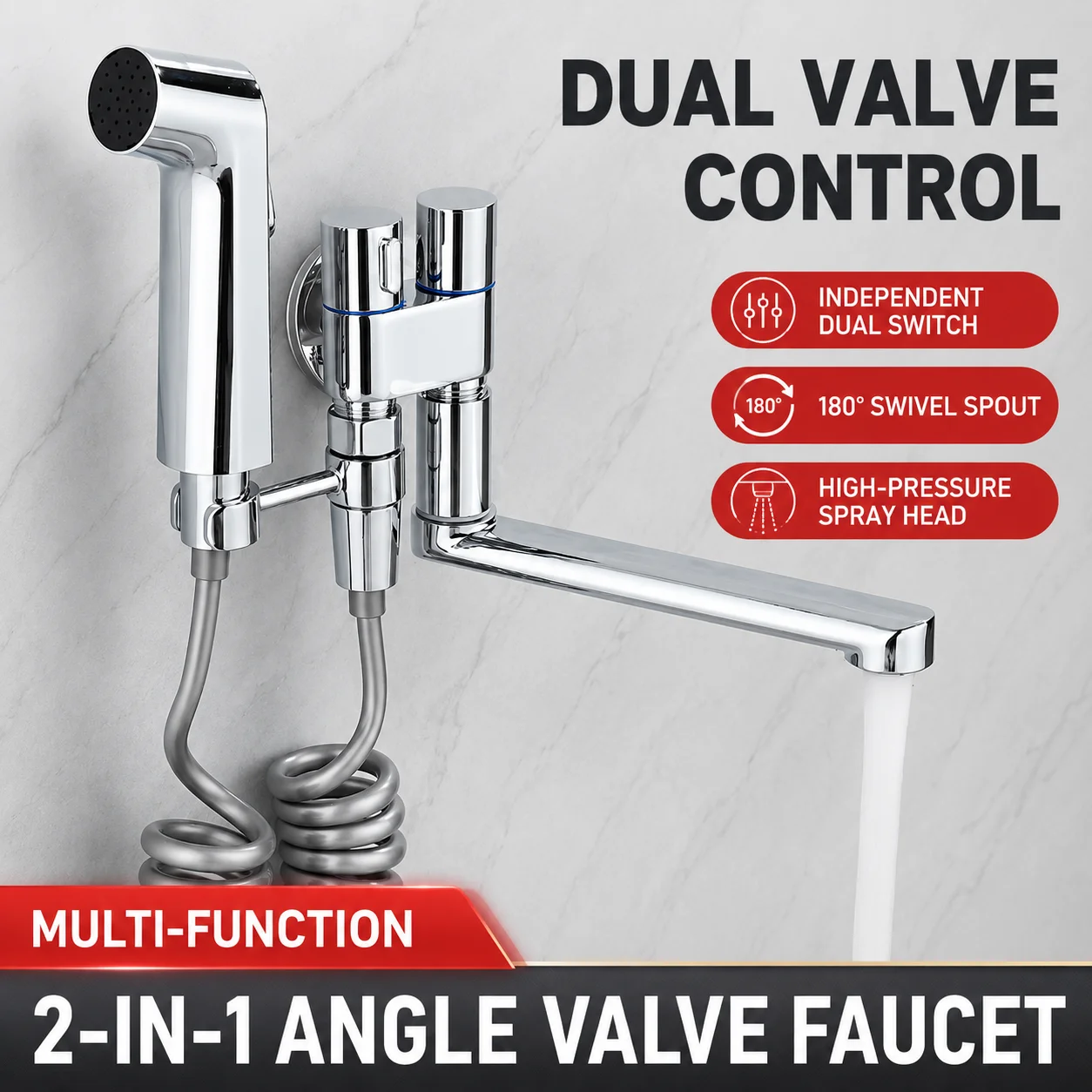 

Wall Mounted Dual Valve Faucet With Spray Head, 180° Swivel Spout, Chrome Water Tap For Bathroom Laundry Mop Sink