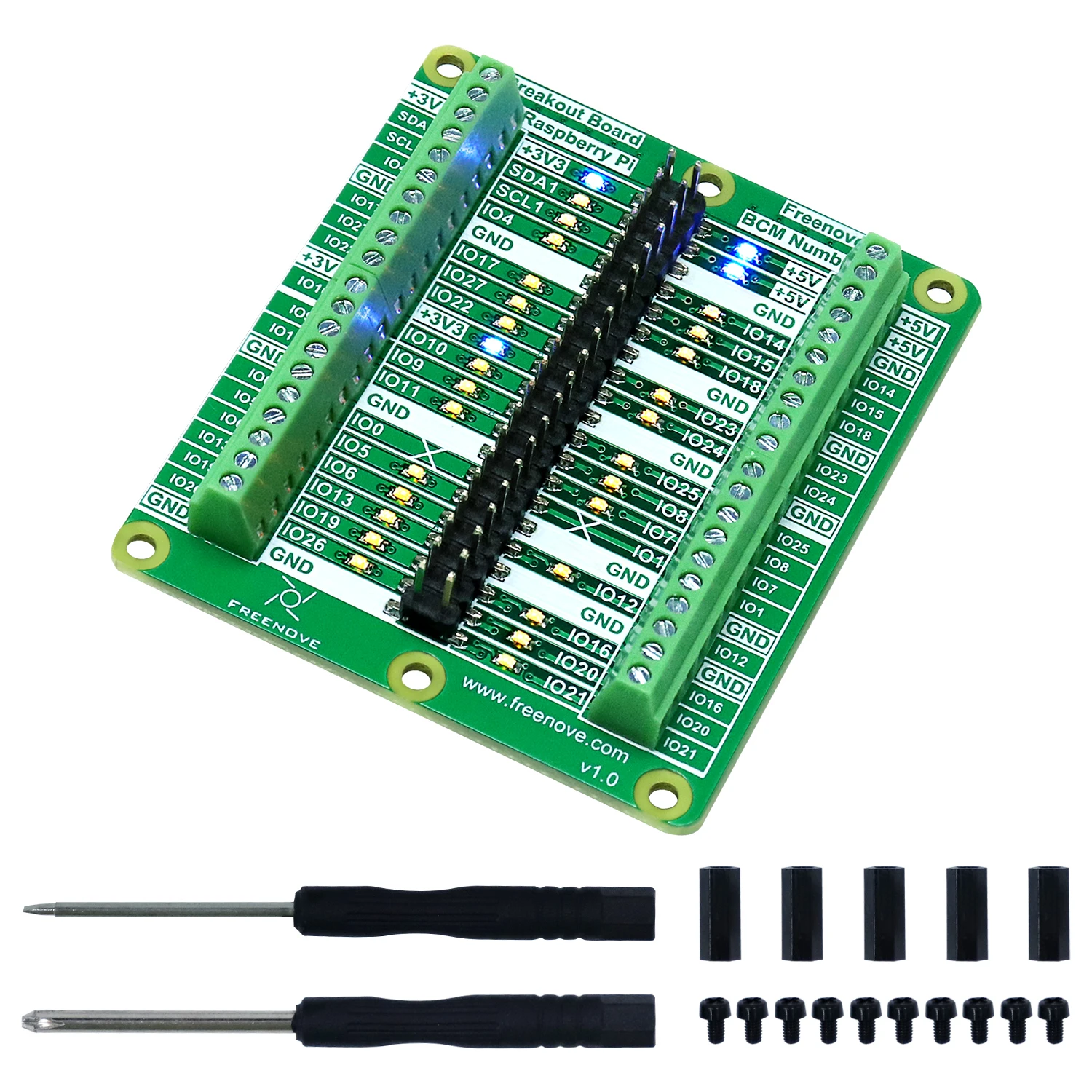 Freenove Breakout Board for Raspberry Pi 5 4B 3B+ 3B 3A+ 2B 1B+ 1A+ Zero 2 W, Terminal Block Shield HAT Header GPIO Status LED