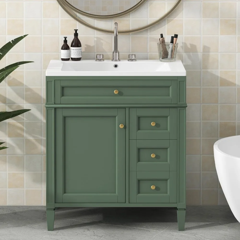 30" Bathroom Vanity with Sink, Modern Single Sink Bathroom Storage Cabinet with 1 Door, 2 Drawers & Tip-Out Drawer, Solid Wood