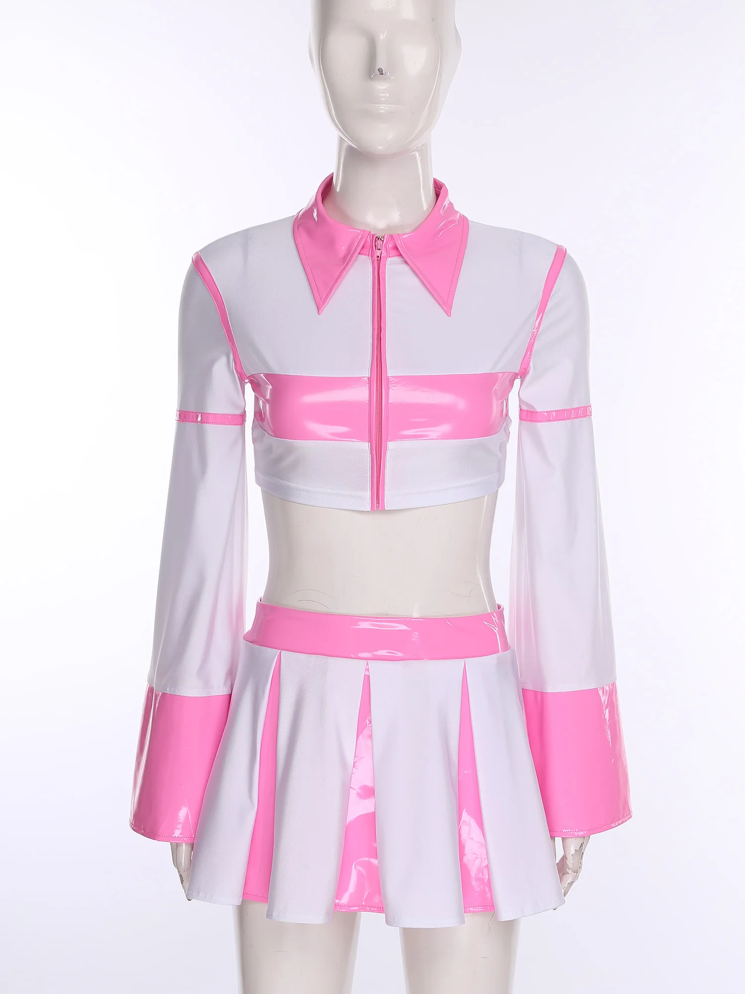 المرأة نظرة الرطب أنيمي تأثيري حلي مجموعة التشجيع يهتف الرقص وتتسابق طويلة الأكمام اقتصاص وتنورة قصيرة مطوي للنادي #2