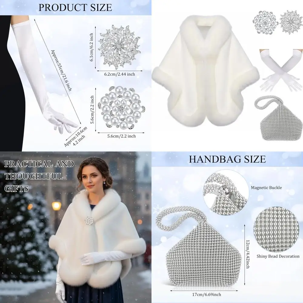 

1920s Vintage Style Accessory Set: Faux Fur Shawl, Pearl Brooch, Gloves & Clutch