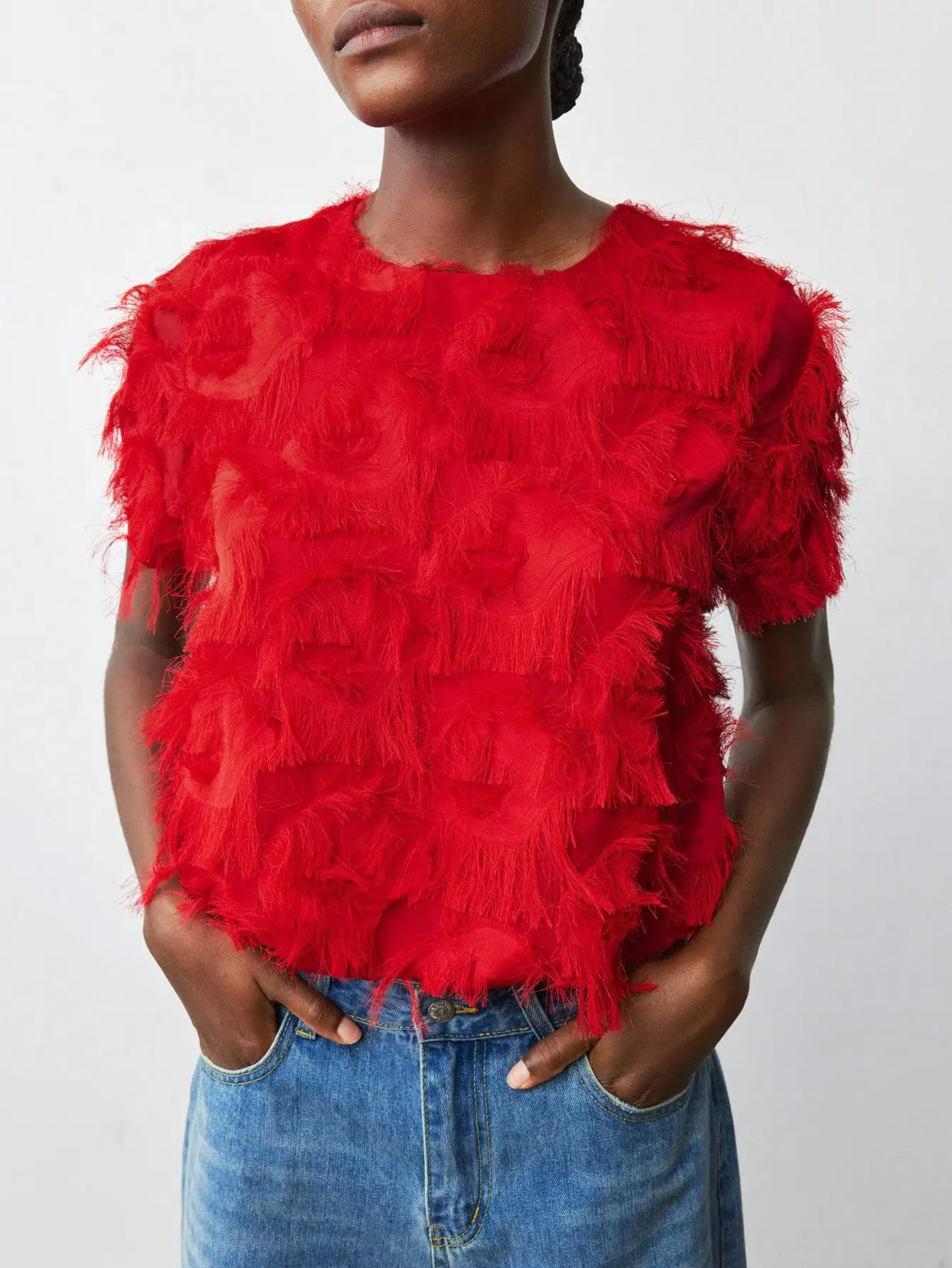 

Красная блузка с короткими рукавами и бахромой для женщин - модная блузка для праздничных вечеринок и выходов в свет