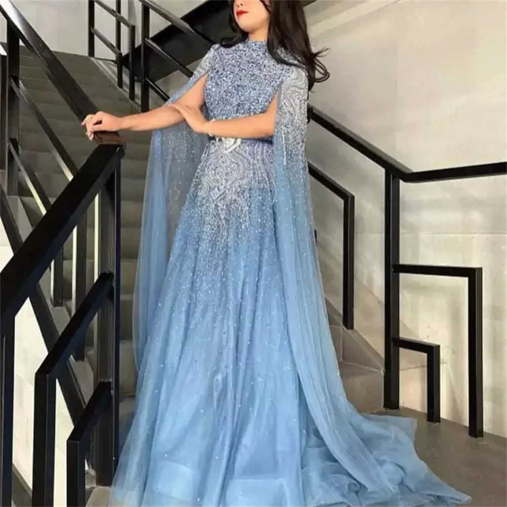 

Luxury Crystal High Neck Shawl Long Sleeve with Belt Ladies Party Dresses 2024 Elegant Formal Occasion Prom Dresses Floor Length