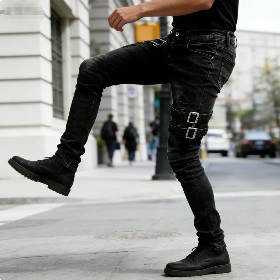 

Men's Slim Fit Jeans with Zipper & Buckle Details, Distressed Denim Pants for Streetwear & Biker Style Y2k Men’s Jeans 88
