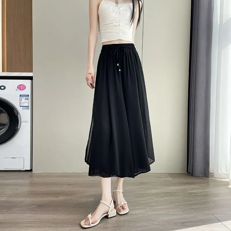 Summer Wide Leg Pleated Cropped Pants High Waist Elastic Fashion Drawstring Female Clothing Basic Patchwork Loose Casual Pants