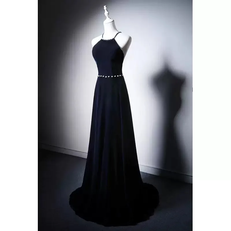 Elegant Navy Blue Prom Dresses Halter A-Line Beaded Sleevless Floor Length Velvet Host Anniversary Meeting Party Evening Gowns