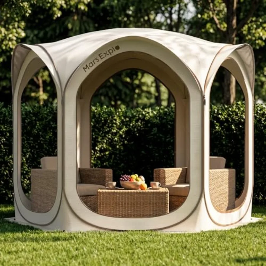 

Outdoor patio screen house tent: 10X10FT pop-up mesh canopy with instant setup, durable polyester fabric, beige color, UV-resis