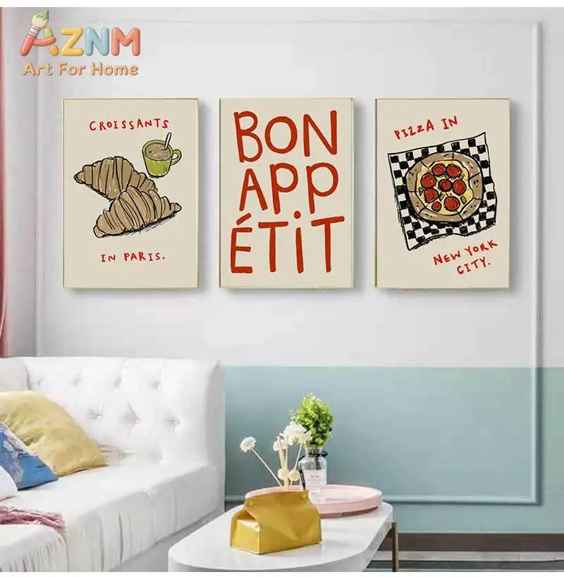 Aznm retro bon appétit cozinha impressão de arte de parede, pôster de tela única sem moldura, croissant vintage e ilustração de pizza com "cro