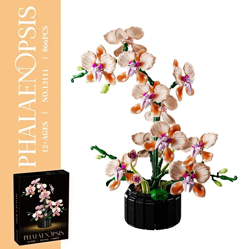 

866PCS Champagne Orchid Building Blocks Preserved Floral Bouquet Vase Model Bricks Home Decoration Kids DIY Toys Birthday Gifts