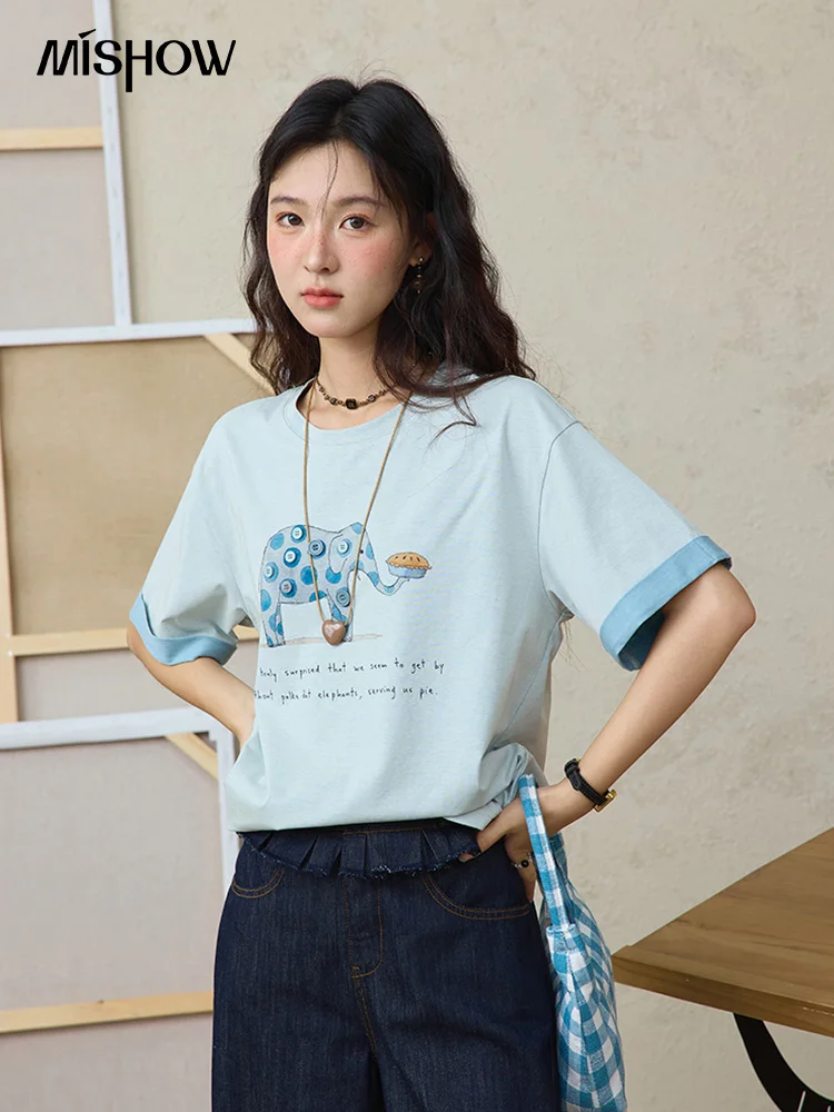 

MISHOW T-shirts for Women Elephant Pattern Print T-shirt Ladies Short Sleeve Tee 2025 Summer New Patchwork Casual Top MXE34T0584