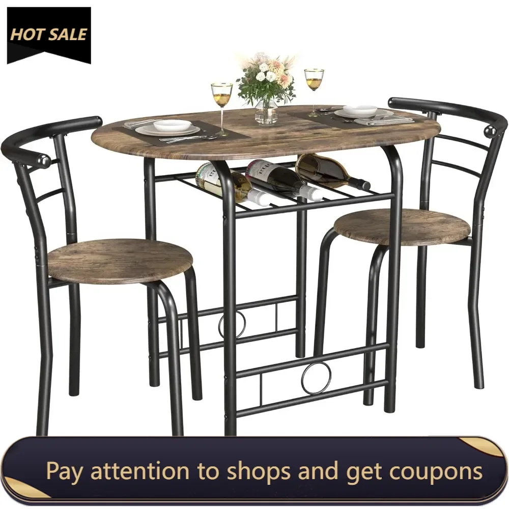 3-Piece Wooden Round Table & Chair Set, Space Saving Kitchen Breakfast Nook Wood Grain Tabletop with Metal Frame (Walnut/Black)