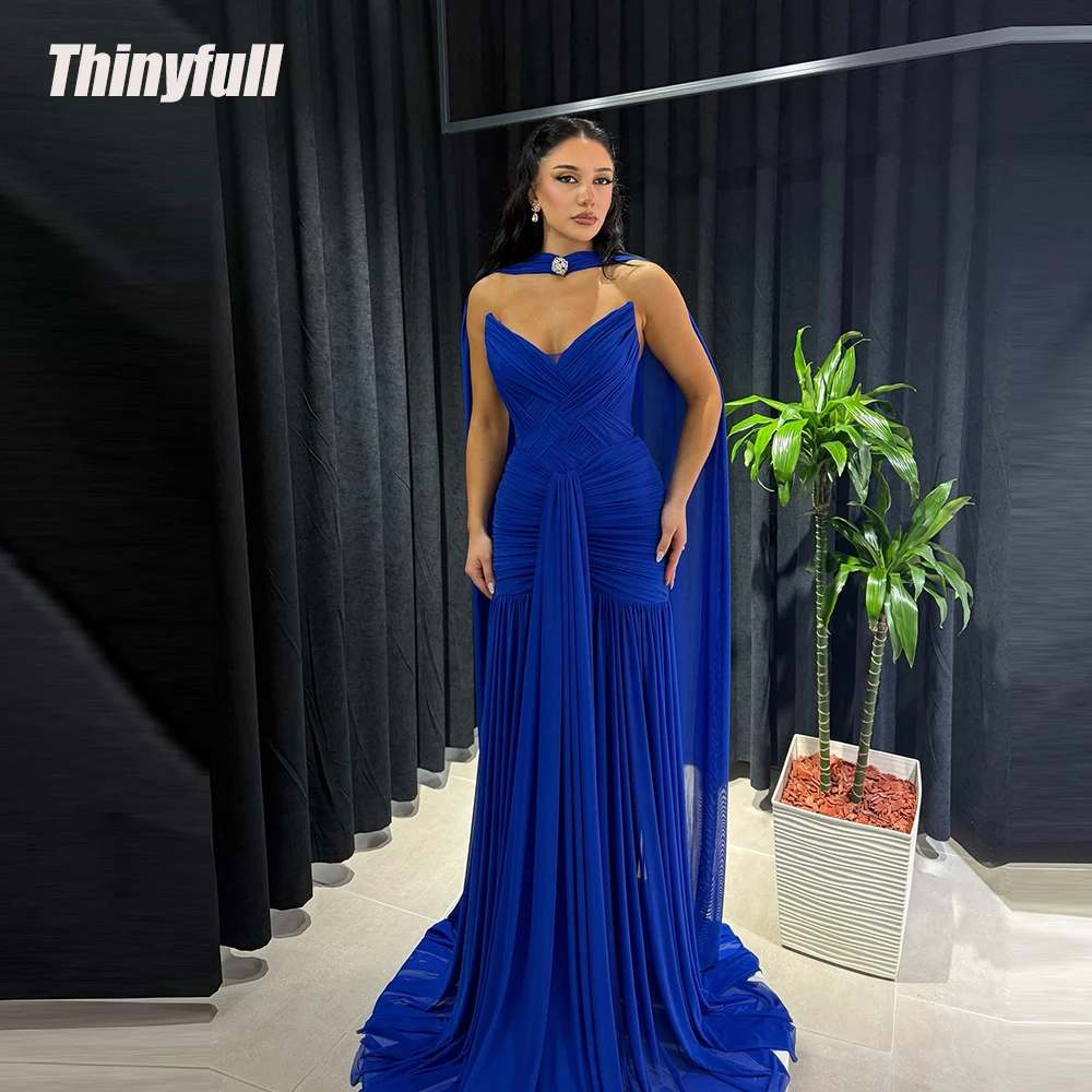 

Thinyfull Mermaid Chiffon Royal Blue Prom Dress V-neck Sleeveless Holiday Style Dress Long Formal Gown Robe De Soirée Customized