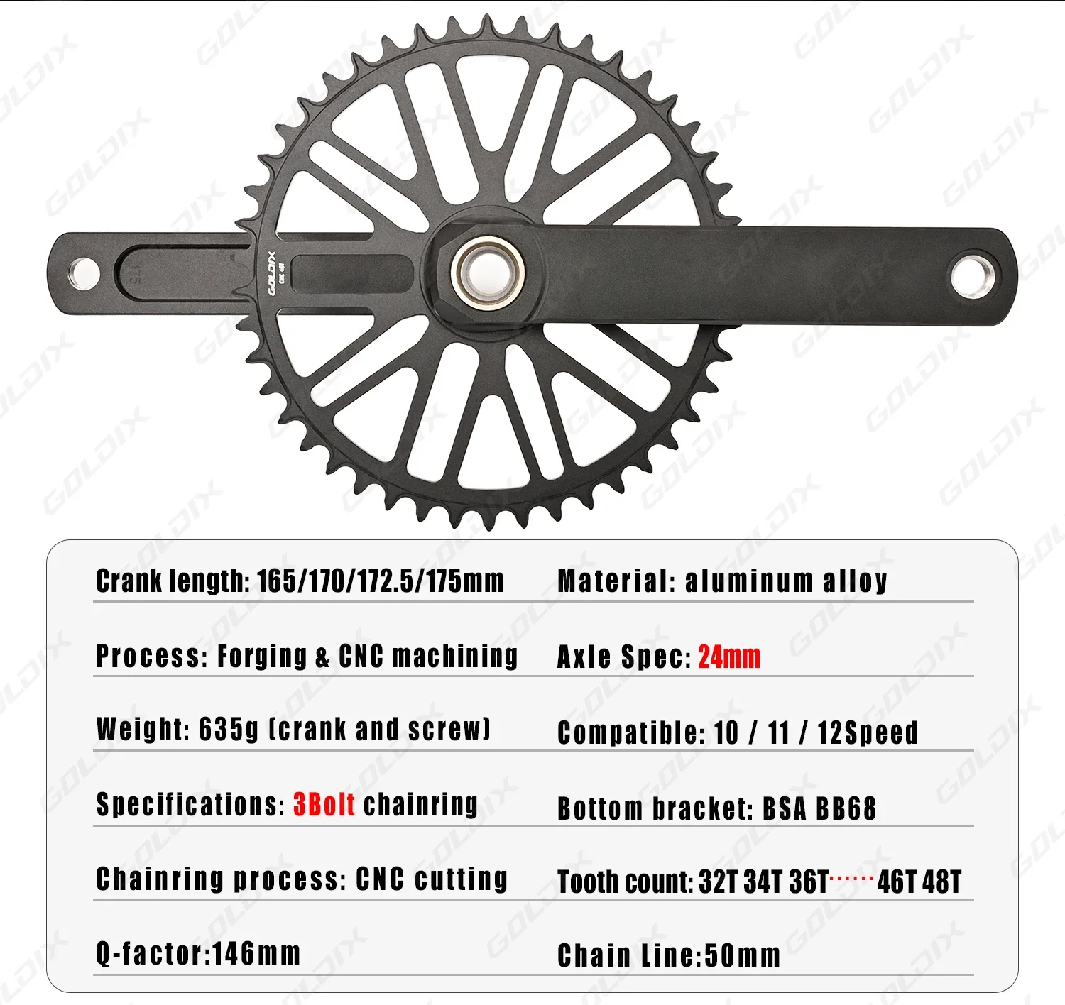 GOLDIX Rennrad-Kurbelgarnitur, 165/170/172,5/175 mm Länge, aus Aluminiumlegierung, geschmiedet, für Fahrräder mit Einzelgang, mit schmalem und breitem Kettenblatt. – Detail 2