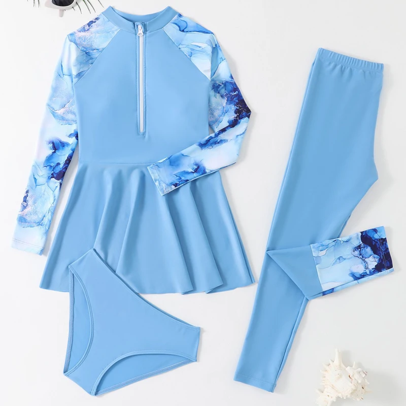 

Split Girls Swimwear Children Swimming Suit Long Sleeve Swimsuit Kids Teens Skirt Set With Pants Front Zipper Beachwear