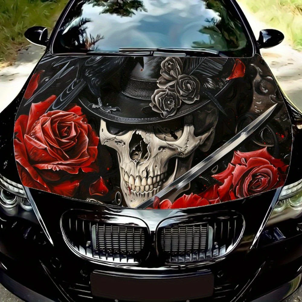 

Top Hat Skull with Crow Car Hood Decal,Self-Adhesive PVC hood Sticker Decor Scratch Resistant Sticker Protect,Auto Accessories