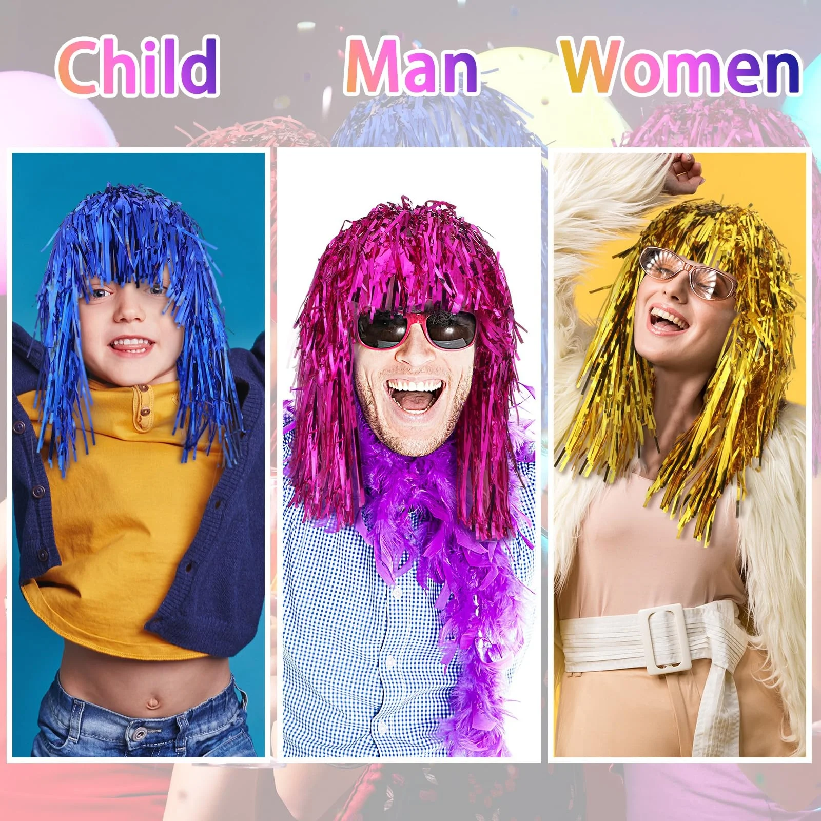 1/6 Stück Bunte Folien-Glitzerperücken Metallische Disco-Haarteile für 80er-Jahre-Cosplay Halloween Karneval Party Foto-Requisiten Kopfbedeckung – Detail 6
