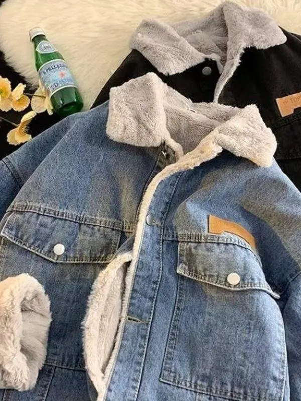 

Waed Denim Lamb Fur Jaet Men's Winter Loose Thiened Cotton Coat Japanese Sle Ins Trendy Brand Couple Cotton Outerwear