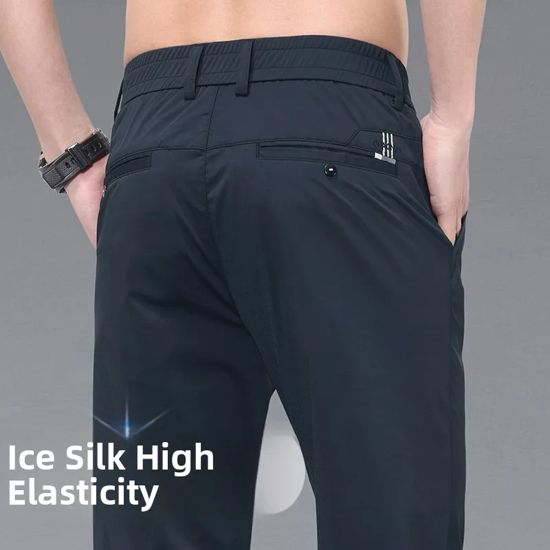 

Мужские летние брюки из тонкого молочного шелка из ледяного шелка, прямые спортивные повседневные брюки, эластичные длинные брюки Qui Dry, модные городские брюки...
