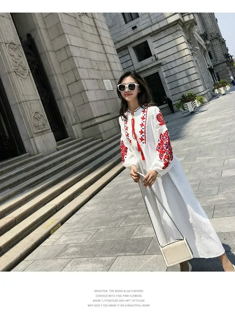 Women Autumn Dresses Bohemian Embroidered Flower O-Neck Lantern Sleeve High Waist Pleated Dress All-match Female Vestidos
