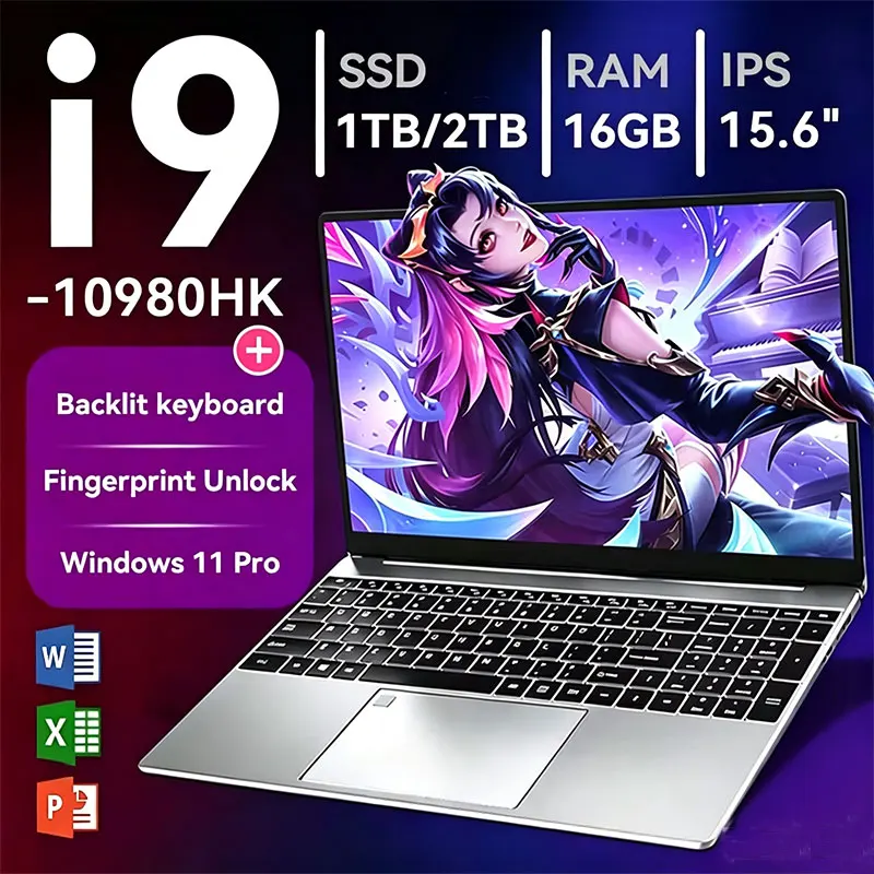 Новый игровой ноутбук 2026 года, 15,6 дюйма, Intel Core i9-10980HK, 32 ГБ ОЗУ, 2 ТБ SSD, 1080P FHD, ультратонкий, Windows 11, Office, для игр