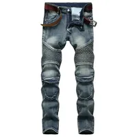 Autumn Men's Patchwork Vintage Biker Jeans Hip Hop Trousers Slim Straight Elastic Cycling Denim Pants Male Fashion Streetwear