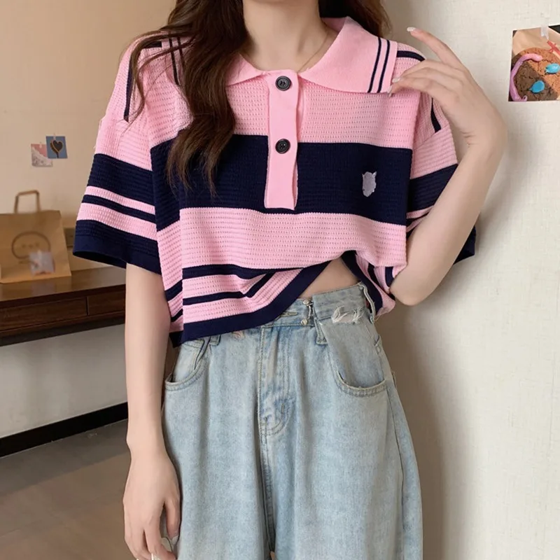 Ladies Tops Embroidery High Waist Stripe Contrast Color Loose Knitwear Casual Base Shirt Preppy Style Spring Autumn Streetwear