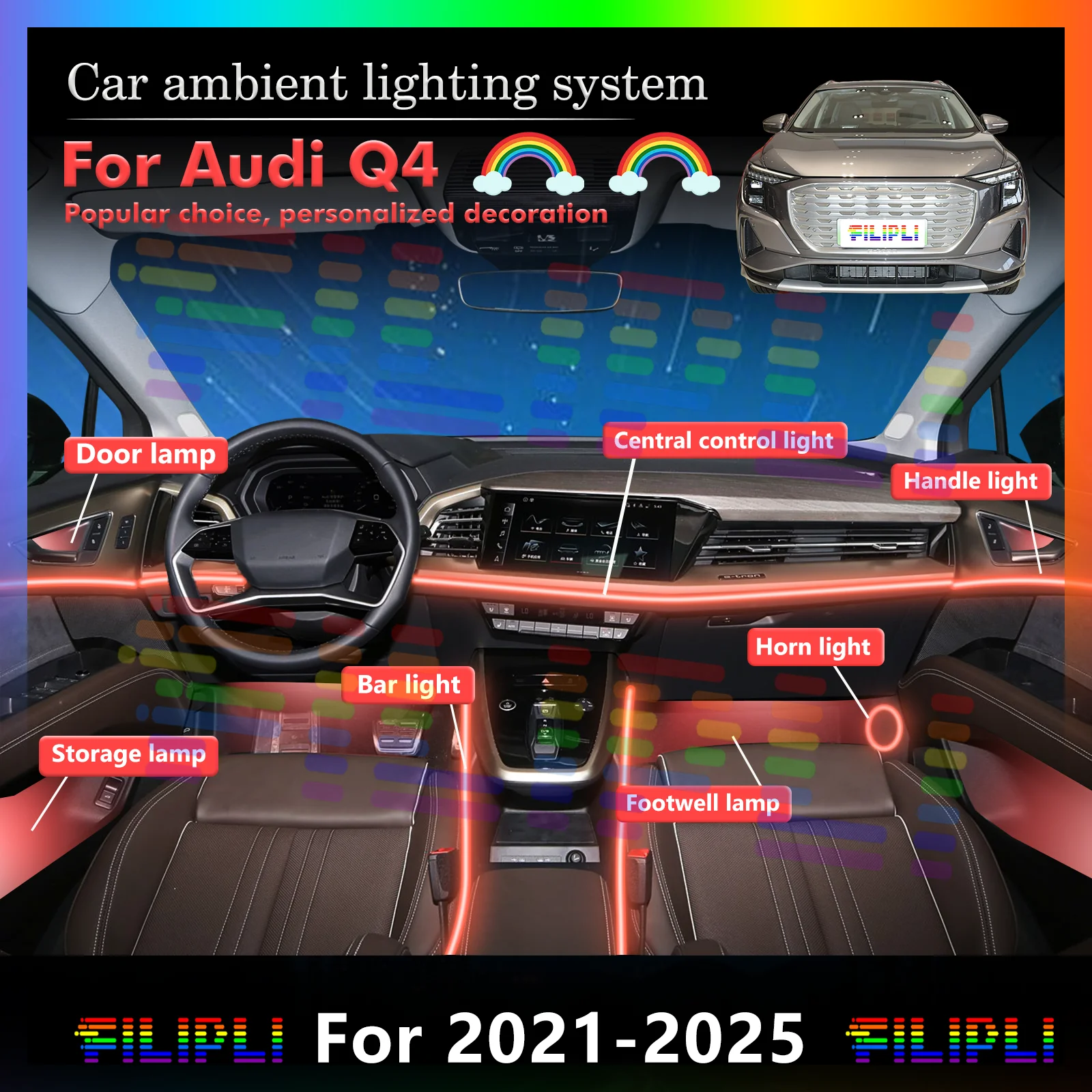 

For Audi Q4 Car Interior Ambient Lamp Kit RGB 64-Color LED Rainbow Acrylic Strip Smart Remote Control Energy Saving Efficient