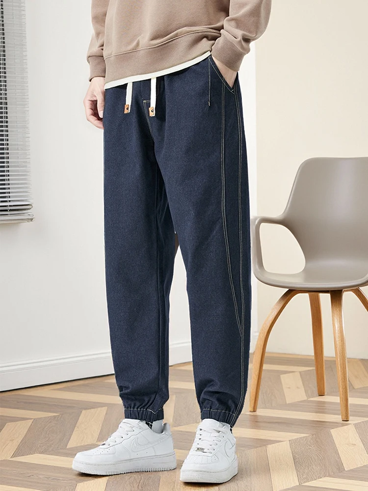 2025 Autumn New Men's Jogger Jeans Korean Fashion Elastic Waist Drawstring Slight Stretch Loose Fit Denim Pants