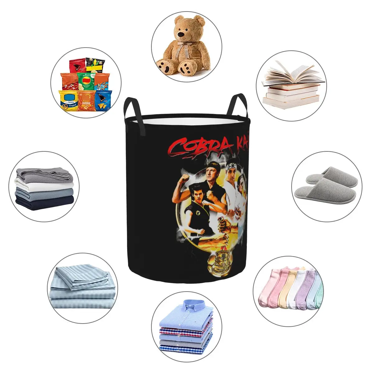 Custom Cobra Kai Laundry Hamper Storage Basket The Karate Kid Series Tshirt Strike First Strike Hard Girls Boys Toy Organizer