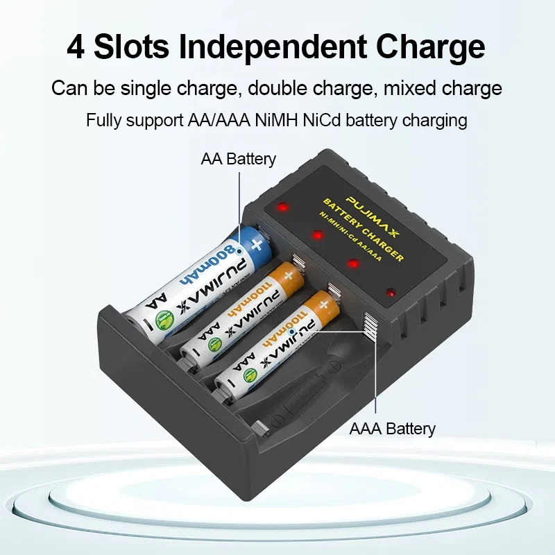 PUJIMAX 4 gniazda inteligentna ładowarka do akumulatora z kablem USB kabel do szybkiego ładowania 1.2V do akumulatorów AA/AAA Ni-mh Ni-Cd