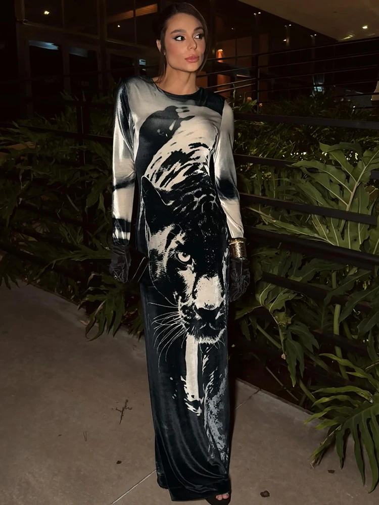 Nibber vestido de tendência de outono manga comprida feminino estampa de tigre skinny streetwear casual hipster stretch o pescoço vestidos de meia-noite