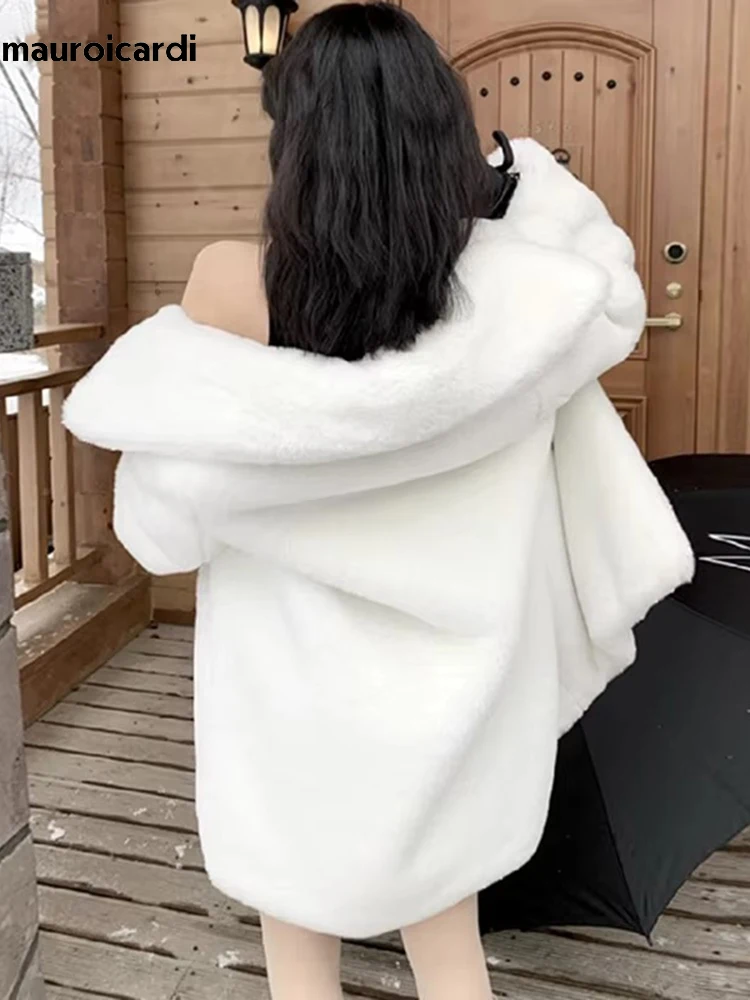 Mauroicardi Winter Oversized Purple Warm White Faux Fur Coat Women Long Sleeve Double Breasted Loose Casual Soft Fluffy Jacket