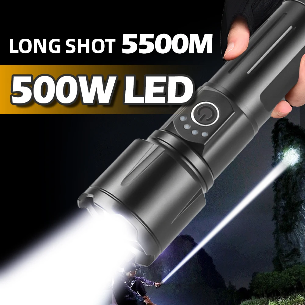 500W High Power LED Flashlight Rechargeable Torch Tactical Lantern Ultra Powerful Flashlight With USB Charging Outdoor