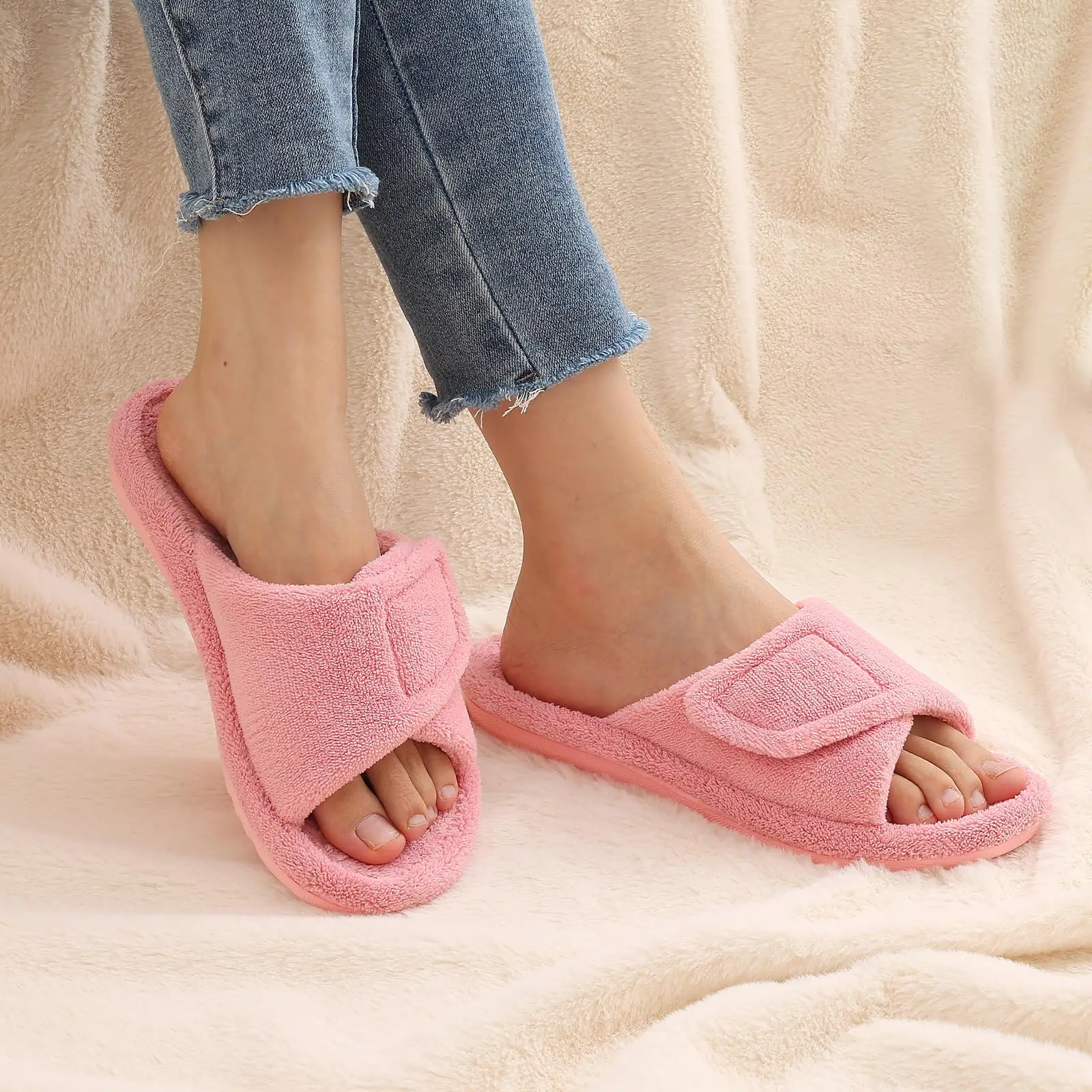 Comwarm Open Toe Fur Slippers For Women Non-slip Fuzzy Slides With Arch Support Ladies Bedroom Fluffy Slippers Plush House Shoes